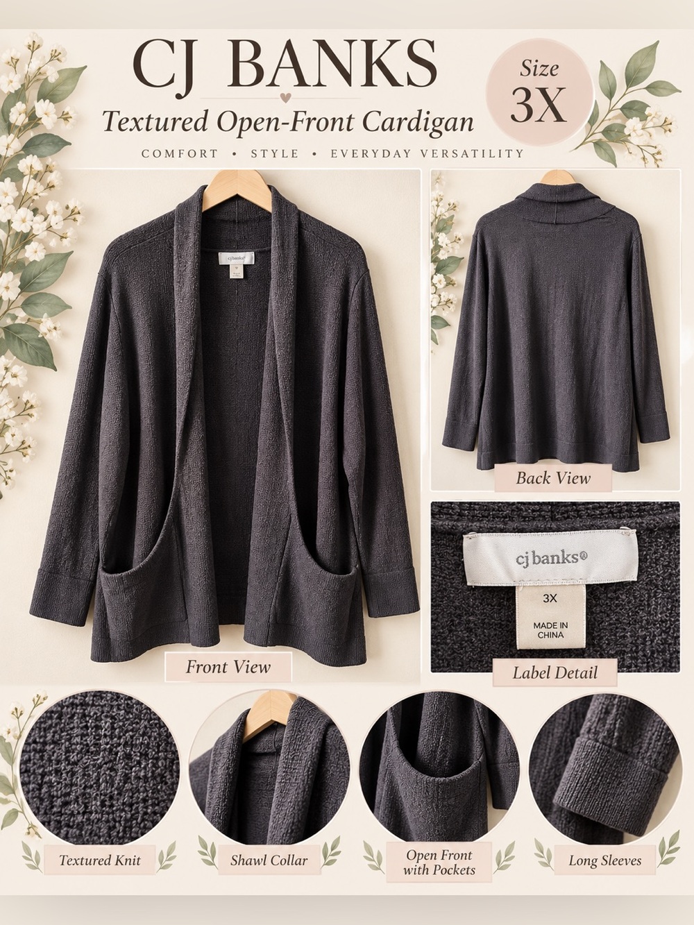 CJ Banks Charcoal Open-Front Textured Cardigan